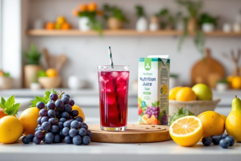 Verre de jus rouge entouré de raisins et citrons sur comptoir