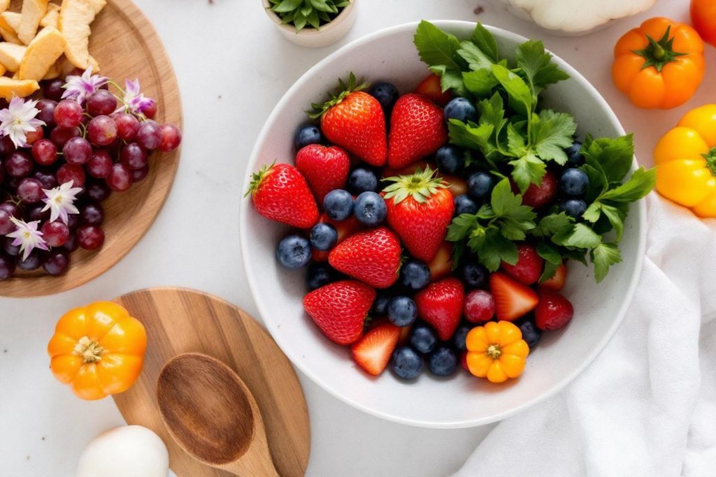 Fraises, myrtilles et poivrons jaunes sur fond blanc