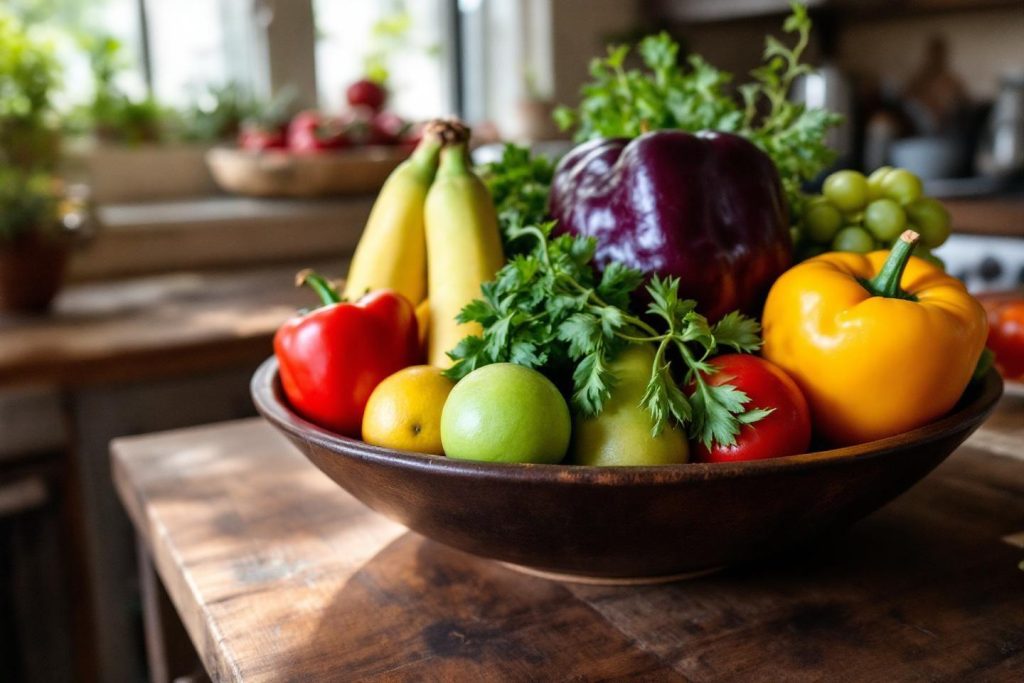 Bol brun rempli de fruits et légumes variés sur table en bois