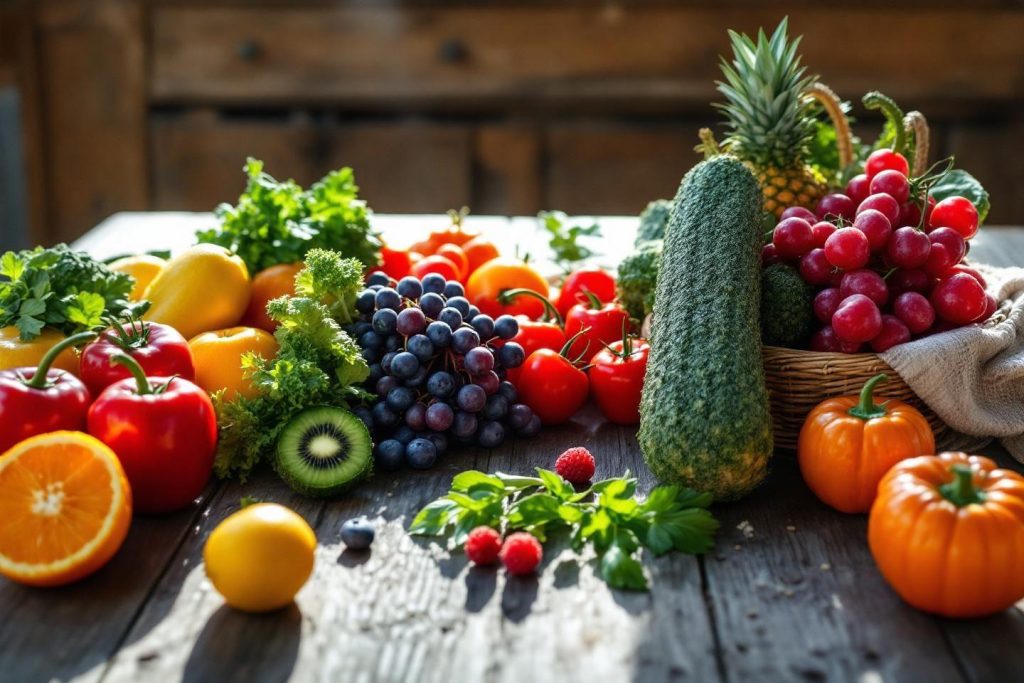 Variété de fruits et légumes frais sur une table en bois