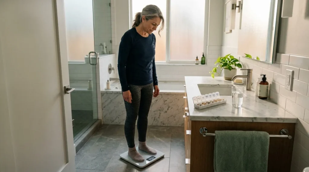 Femme debout sur une balance dans une salle de bain moderne