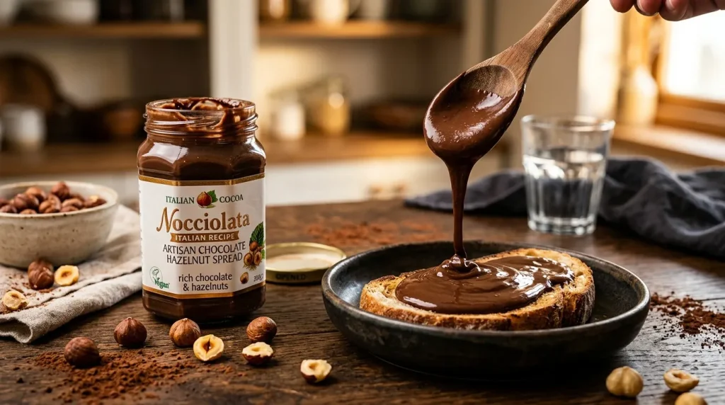 Nocciolata versée sur toast avec noisettes et ustensiles de cuisine