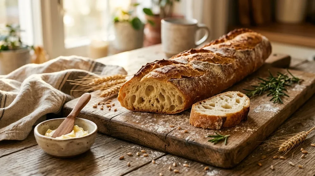 Baguettes de pain complet tranchées avec beurre et herbes aromatiques