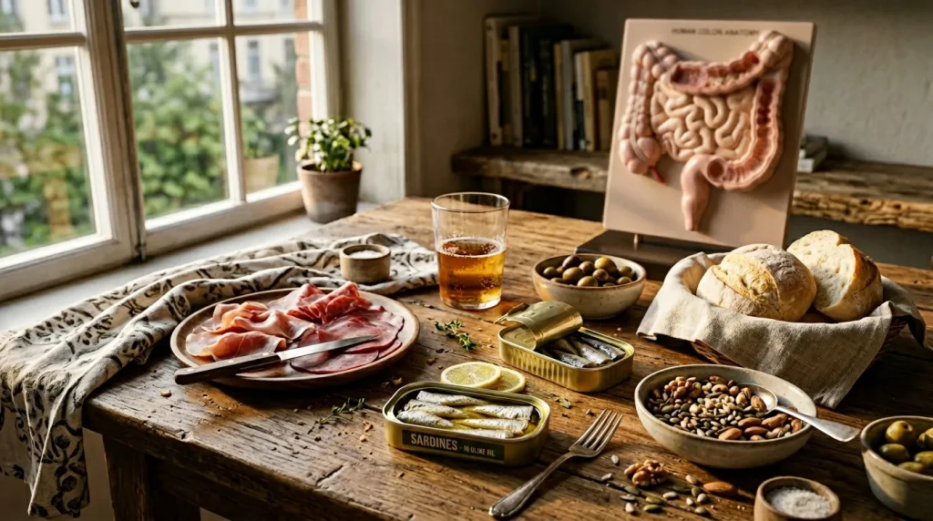 Table en bois avec charcuterie, pain, conserves et olives.