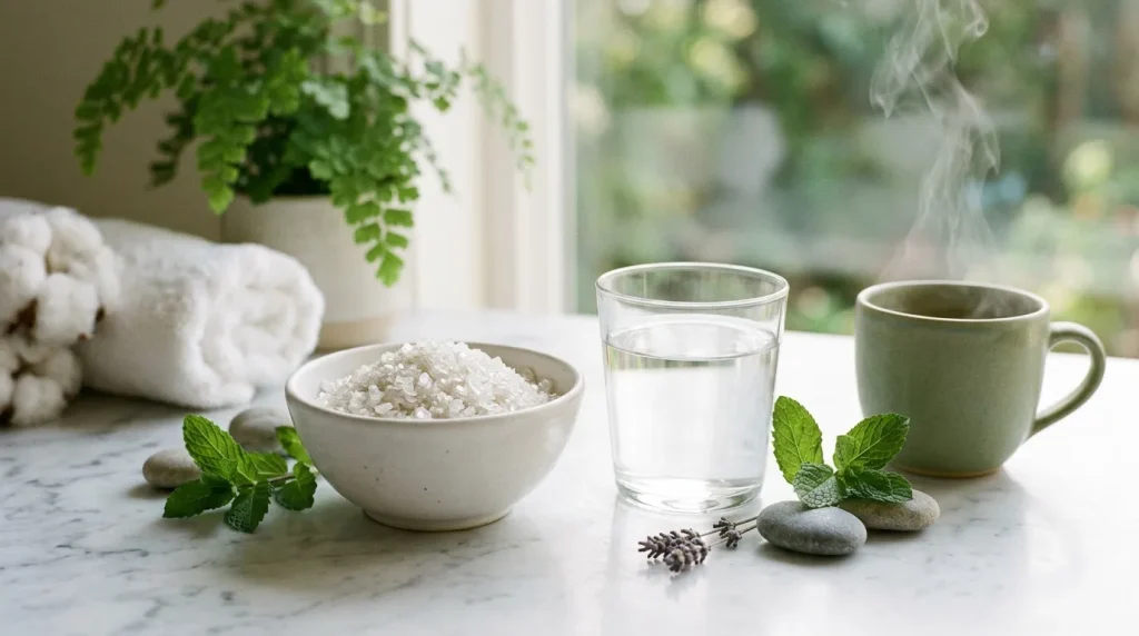 Bol de sel, verre d'eau, tasse verte, minéral et plantes