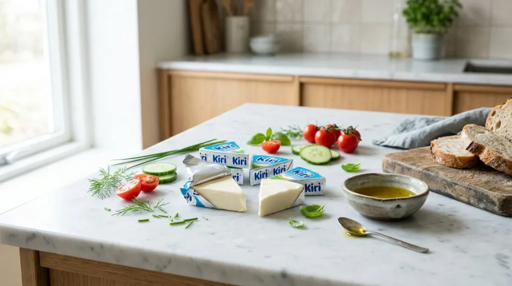 Table de cuisine avec fromage Kiri, légumes frais et pain